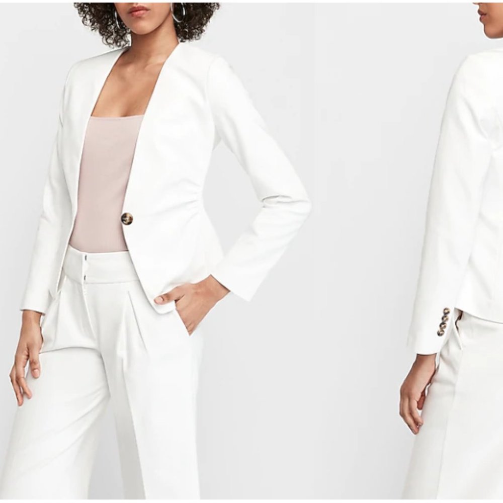 Collarless Ruched Waist One Button Blazer